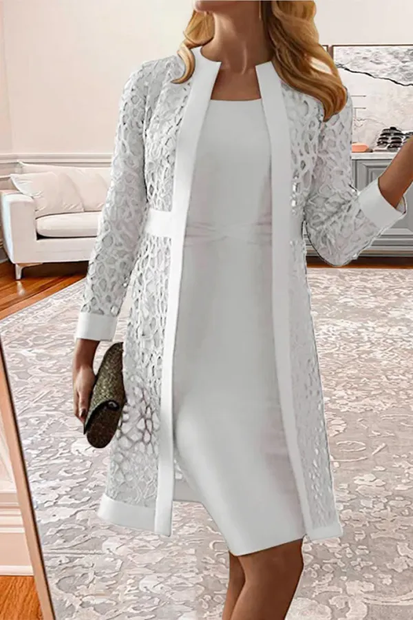 Spring Wedding Guest Dress Women's Solid Color Casual Lace Cardigan Dress Two Piece Sets
