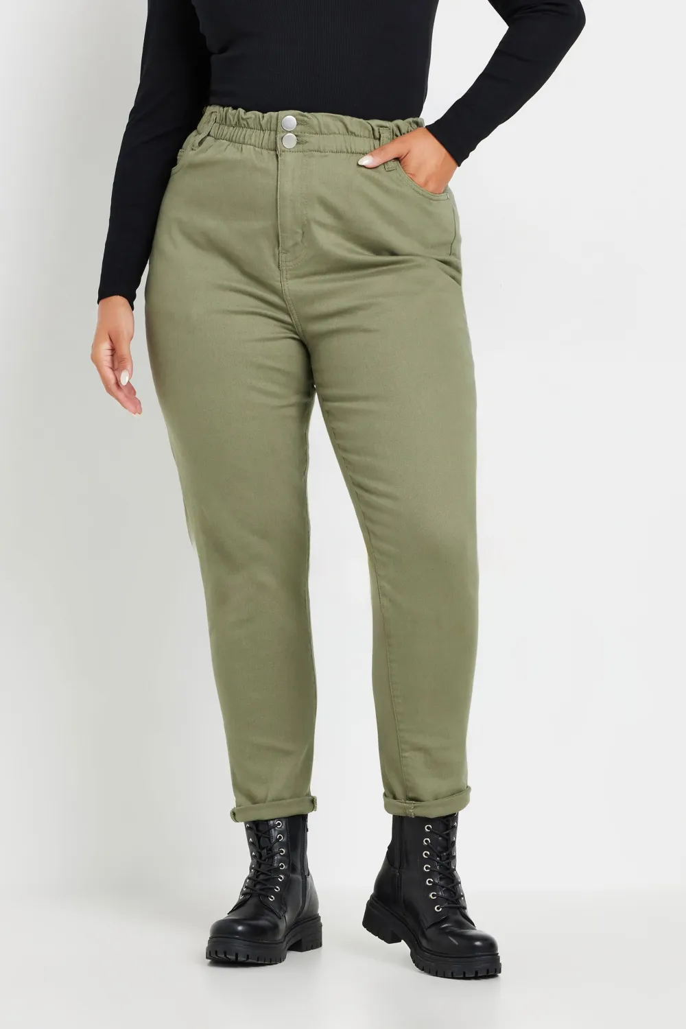 YOURS Curve Khaki Green Stretch Elasticated Waist MOM Jeans
