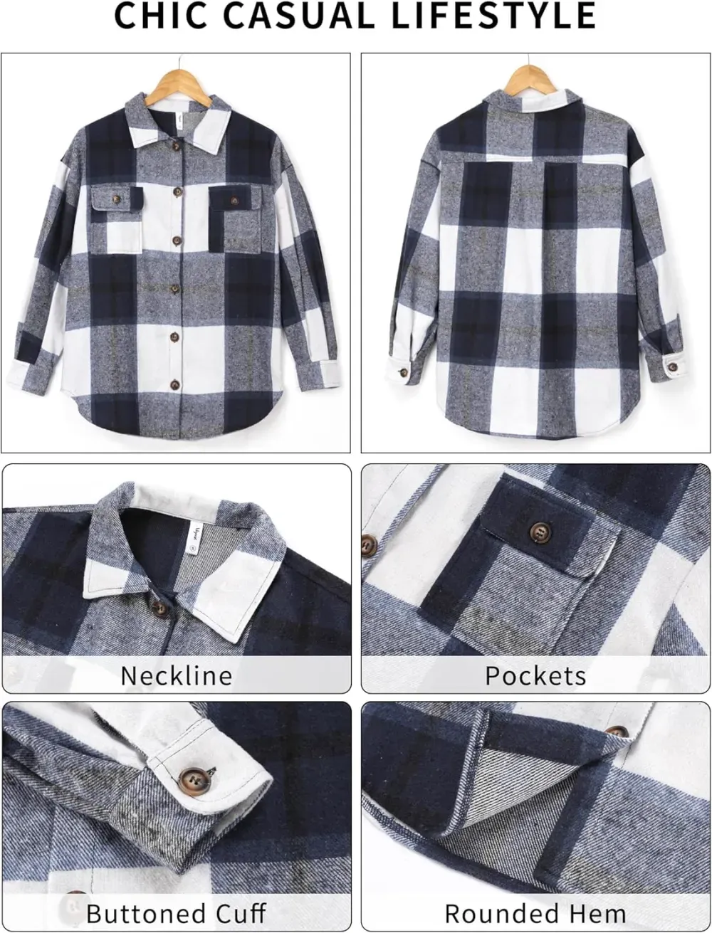 Women's Casual Plaid Flannel Shacket Jacket Oversized Button Down Long Sleeve Fall Shirts Jacket Lapel Coats Tops