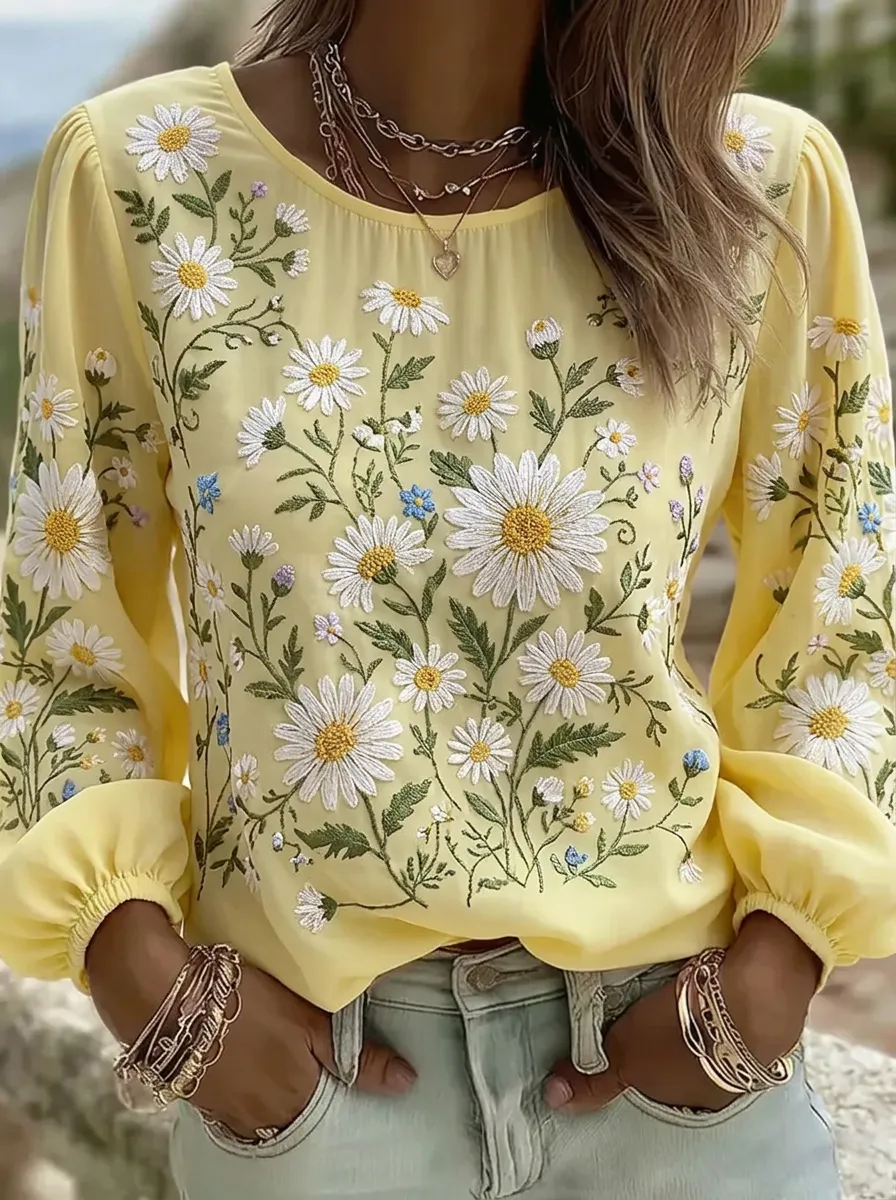 Women's Nashville Daisy Floral Embroidered Printed Top