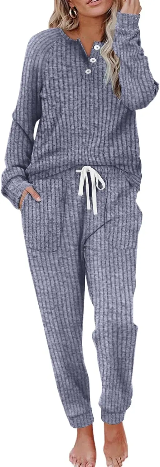 Two Piece Outfits for Women Lounge Sets Button Down Sweatshirt Sweatpants Sweatsuits Set with Pockets