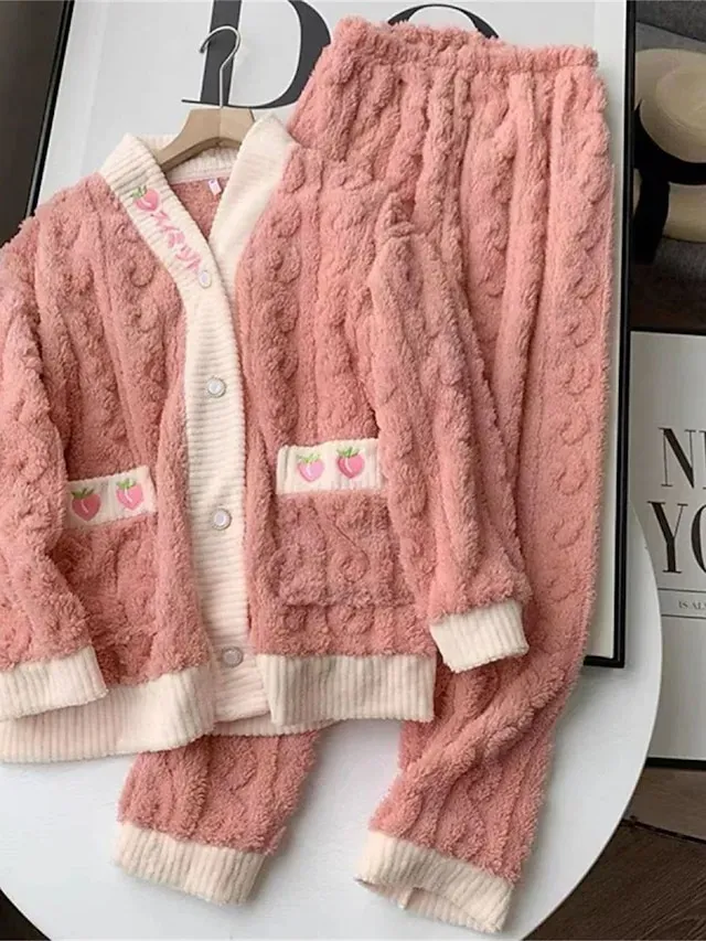 Women's Pajamas Sets Fruit Plush Casual Comfort Home Bed Flannel Warm Breathable V Wire Long Sleeve Shirt Pant Button Pocket Fall Winter Home Outfits