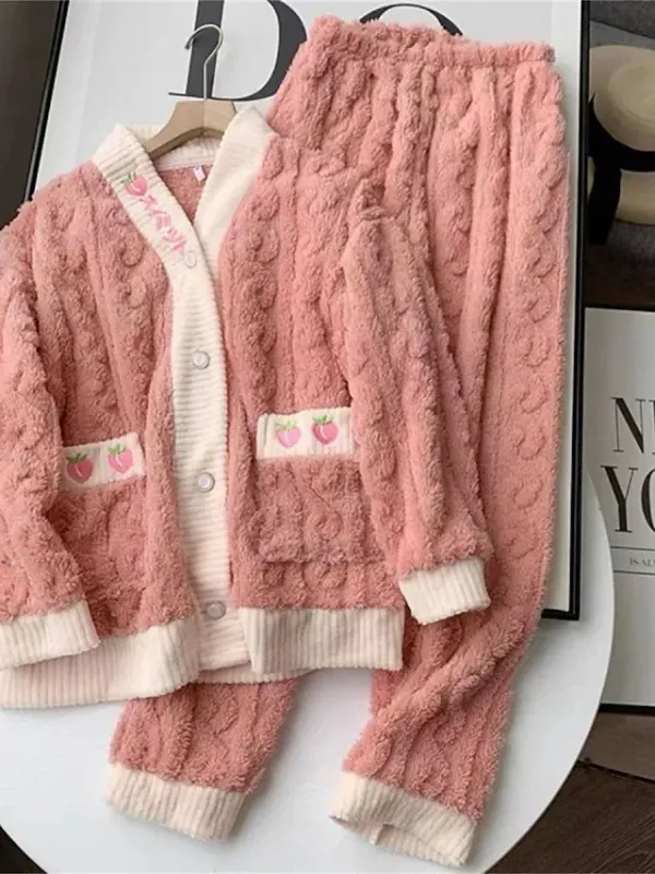 Women's Pajamas Sets Fruit Plush Casual Comfort Home Bed Flannel Warm Breathable V Wire Long Sleeve Shirt Pant Button Pocket Fall Winter Home Outfits