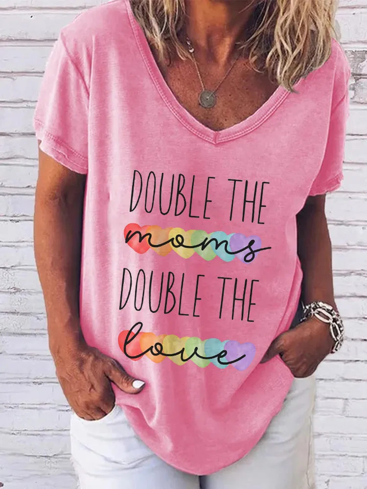 Women'S Double The Moms Double The Love V-Neck Short-Sleeved T-Shirt