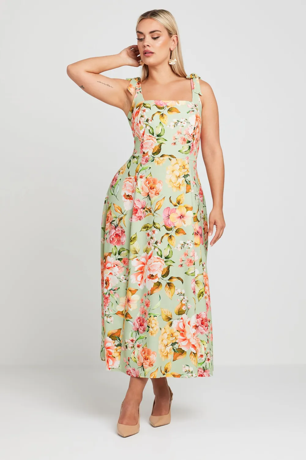 YOURS Curve Green Floral Print Bow Strap Midaxi Dress