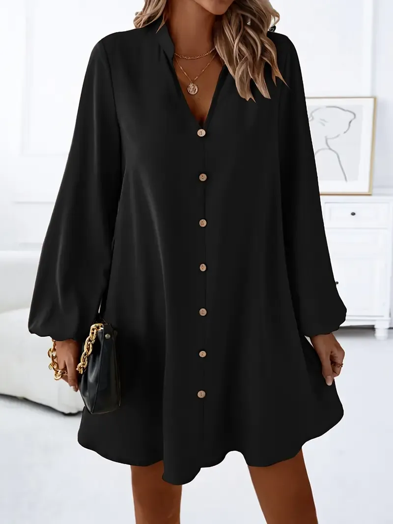 Chic Solid Color V-Neck Long Sleeve Dress
