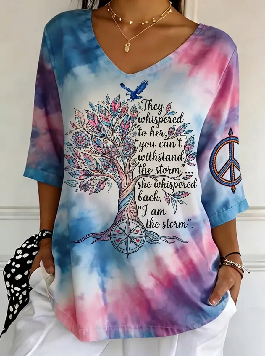 Women's Nashville Tree Quote Tie-Dye Printed V-Neck T-Shirt