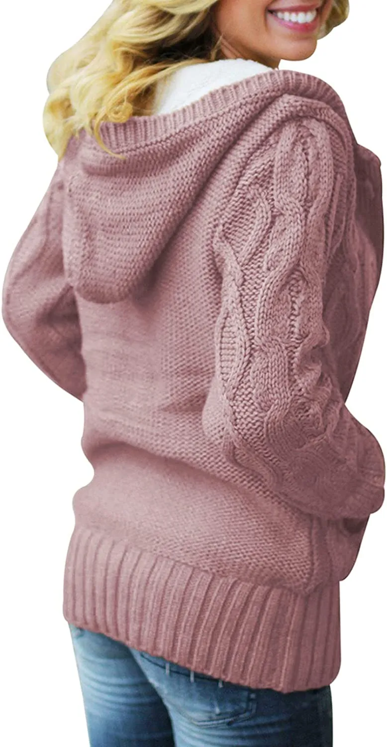 Womens Hooded Cardigans Button Up Cable Knit Sweater Coat Outerwear with Pockets
