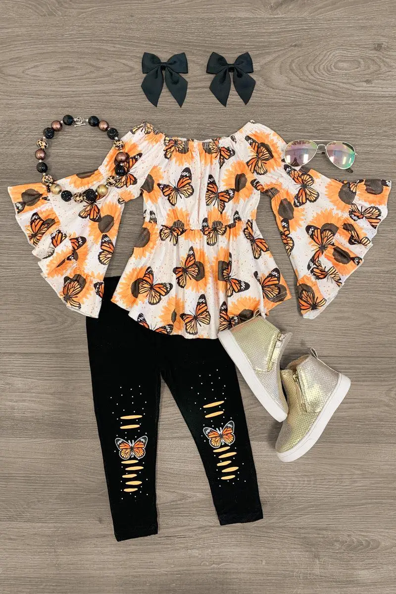 Butterfly Sunflower Bell Sleeve Legging Set