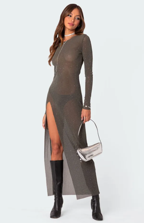 Edikted Glitter Mesh Slitted Maxi Dress