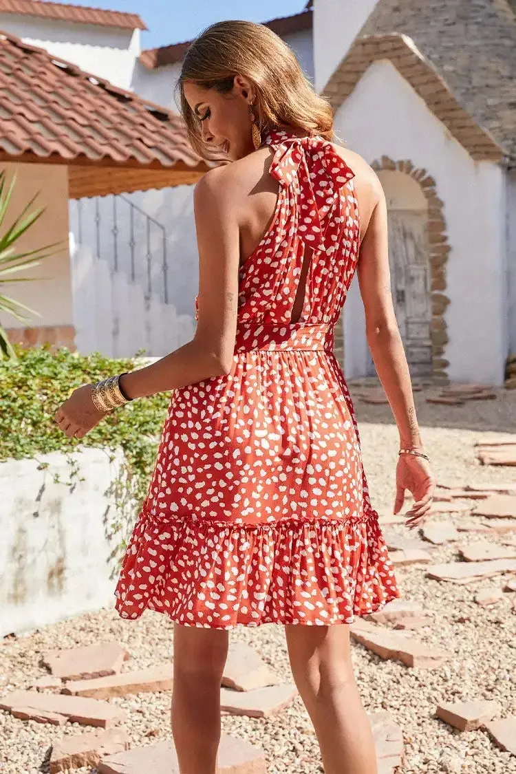 Halter Neck Summer Loose Sleeveless  Ruffle Belt Boho Floral Dress