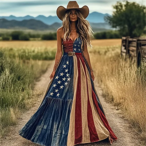 American Sweetheart Distressed Flag Contrast Maxi Dress