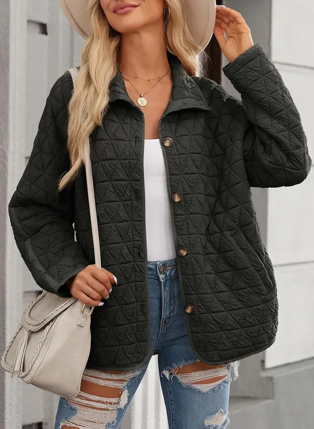 Women's Lightweight Diamond Quilted Jacket Casual Winter Open Front Button Down Puffer Coat Outwear Cardigan