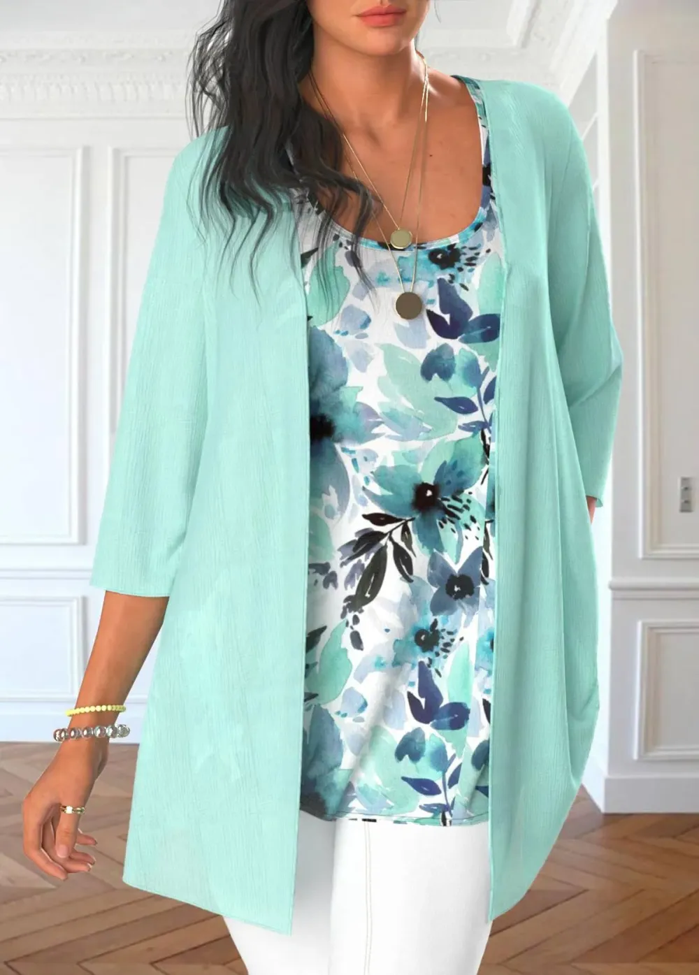 Dusty Blue Tank Top and Tie Dye Print Cardigan