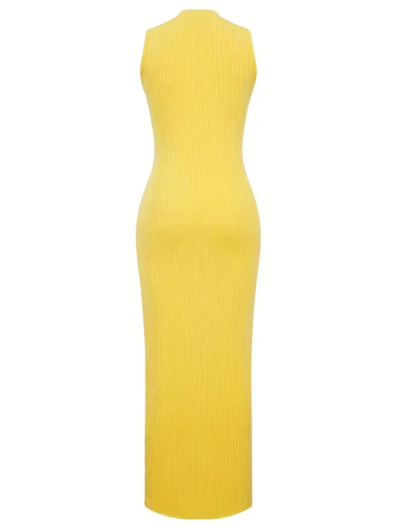 Women's Summer 2023 Fashion Casual Knit Sleeveless Crew Neck Bodycon Pencil Dress, Polyester 95% Spandex 5%, Solid Color Long Length Skinny Fit