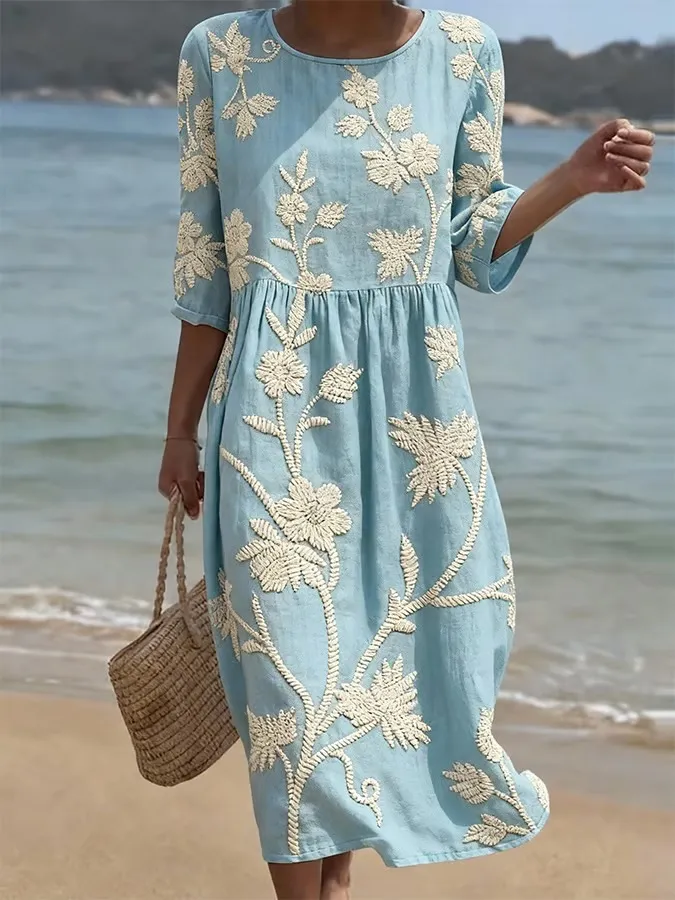 Women's Casual Round Neck Mid Sleeve Print Cotton and Linen Dress