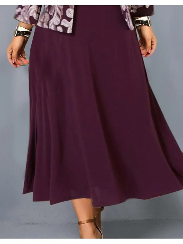 Women‘s Plus Size Curve Dress Set Print Crew Neck Long Sleeve Spring Fall Elegant Maxi long Dress Formal Party Dress