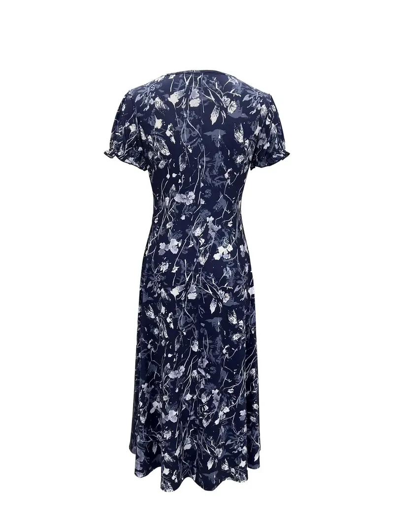 Floral Print Short Sleeve Crew Neck Dress for Women, Spring & Summer Casual Dress