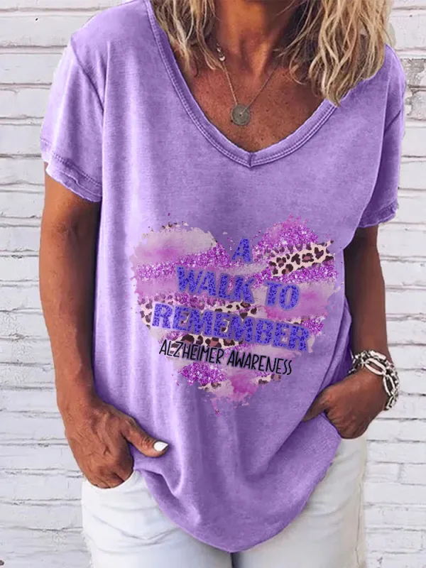 Women'S V-Neck Short-Sleeved T-Shirt A Walk To Remember Alzheimer'S Awareness Prints