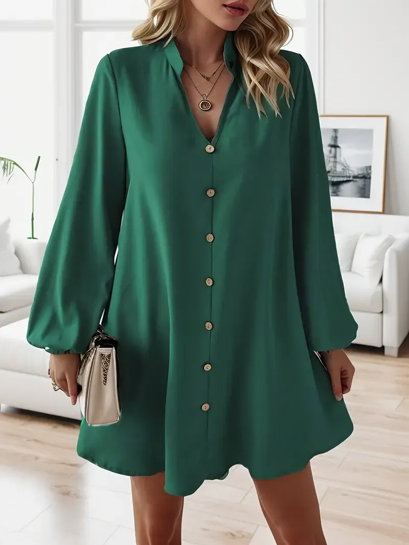 Chic Solid Color V-Neck Long Sleeve Dress