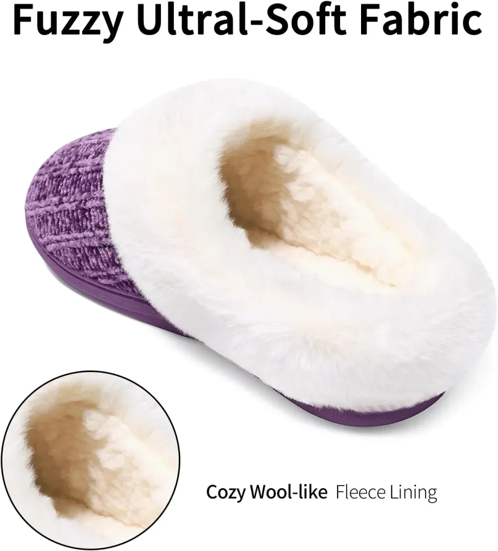 Warm Knit House Slippers for Women Comfy Wool-Like Lined Chenille Slippers with Memory Foam and Indoor Outdoor Soles