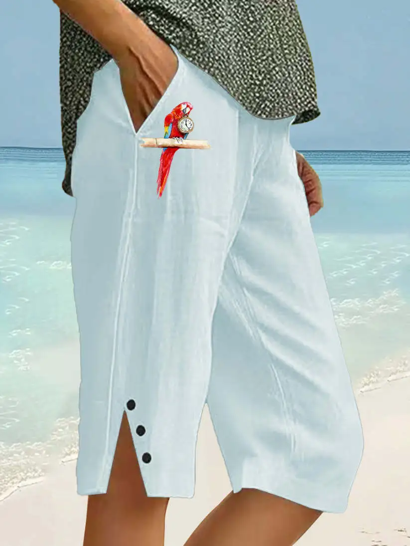 Women's Beach Vacation Parrot Print CottonLinen Shorts