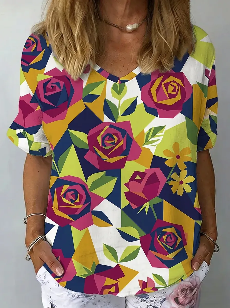 Women's Nashville Floral Geometric Printed V-neck T-shirt