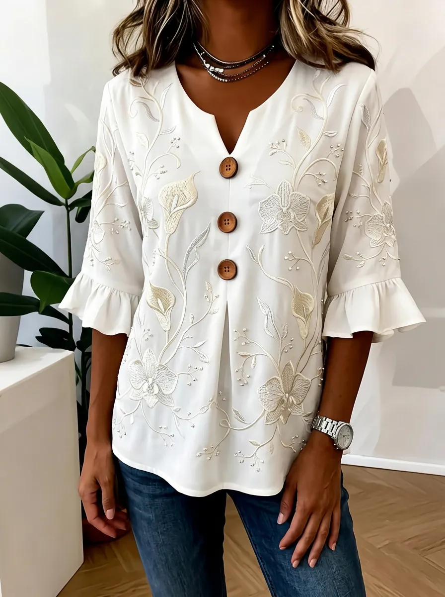 Women's Nashville Floral Embroidery Button-Down Ruffle Sleeve Top