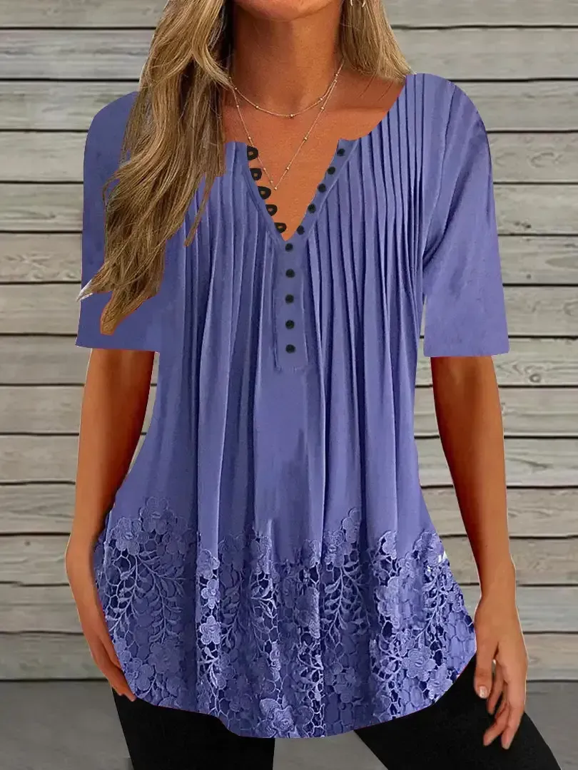 Women Half Sleeve V-neck Solid Floral Lace Tops