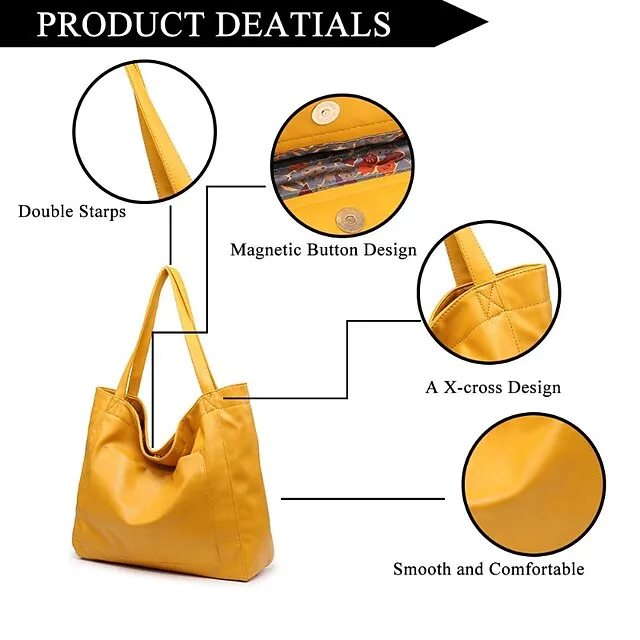 Women's Large Capacity Tote PU Leather Daily Holiday Large Capacity Waterproof Durable Solid Color Black White Yellow