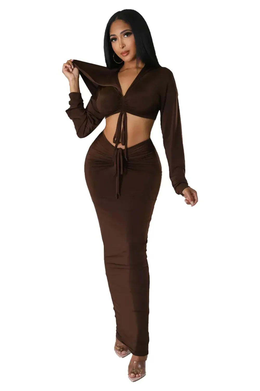 Spring/Summer Ethnic Clothing Long African Skirts Sets Women 2 Piece Set Drawstring Traditional Africa Outfits Fashion Solid Sexy Skirt Suits 2023