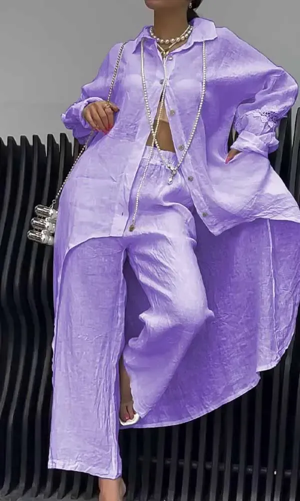 Women's Linen Back Cut-Out Shirt And Trousers Two-Piece Set