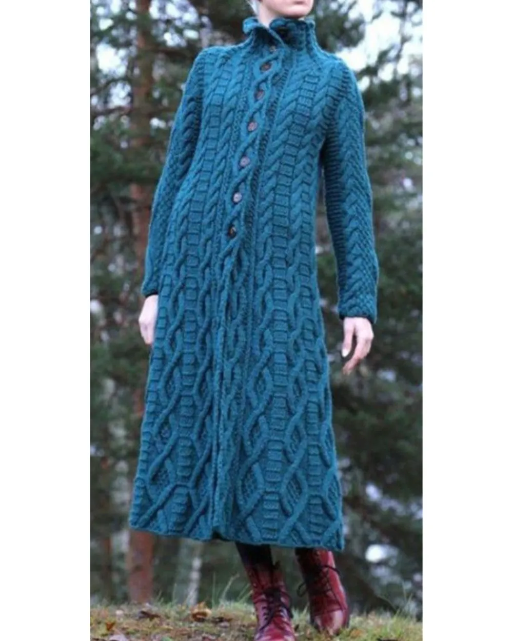 Women's High Neck Chunky Twist Knit Extra Long Cardigan