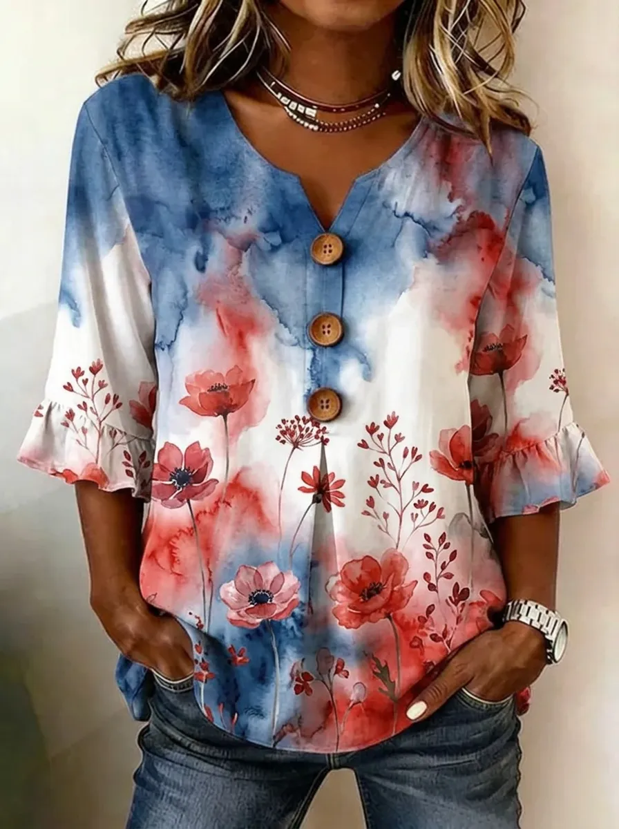 Women's Nashville Floral Watercolor Printed Button V-Neck Top