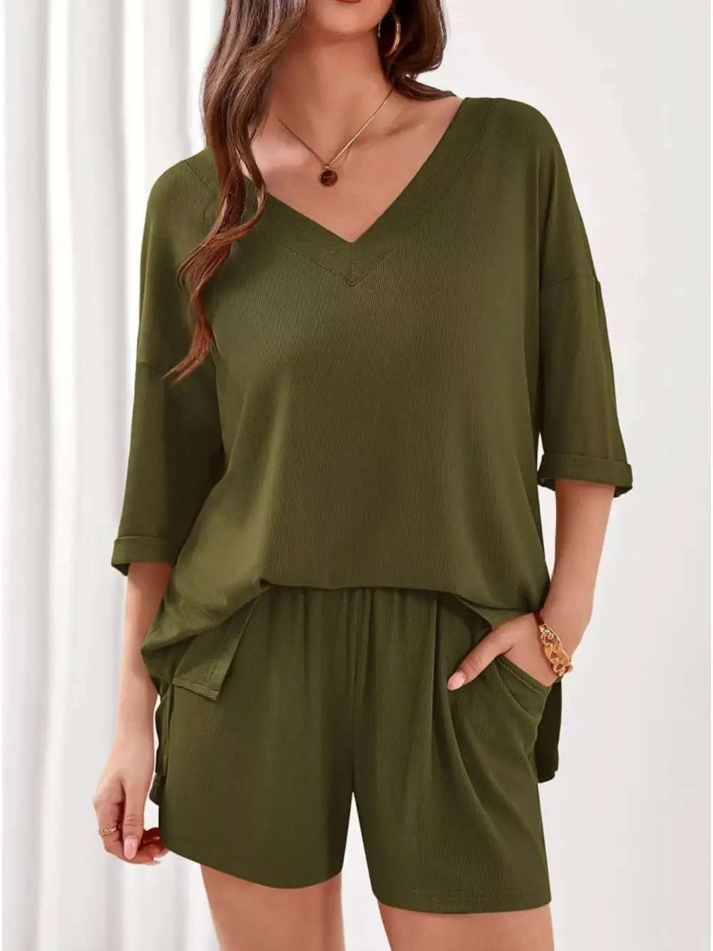 Casual V Neck Top Shorts Set