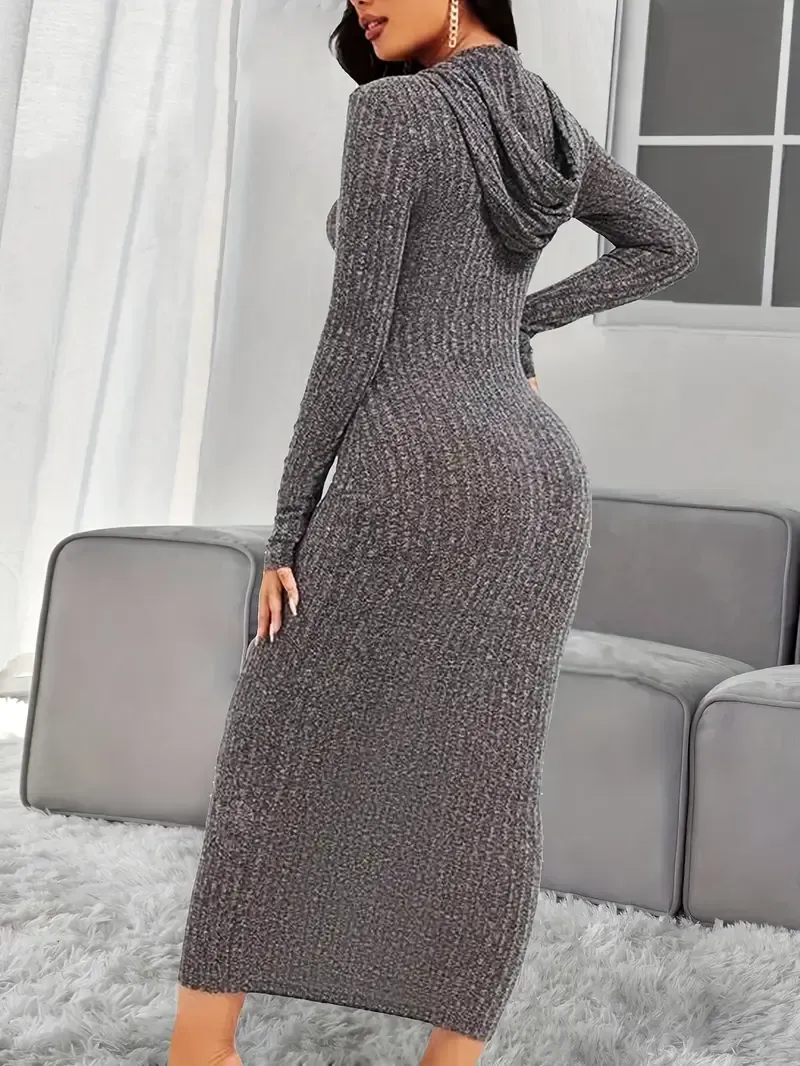 Hooded Knitted Lounge Dresses, Long Sleeve Elastic Home Dress, Women's Loungewear & Dresses