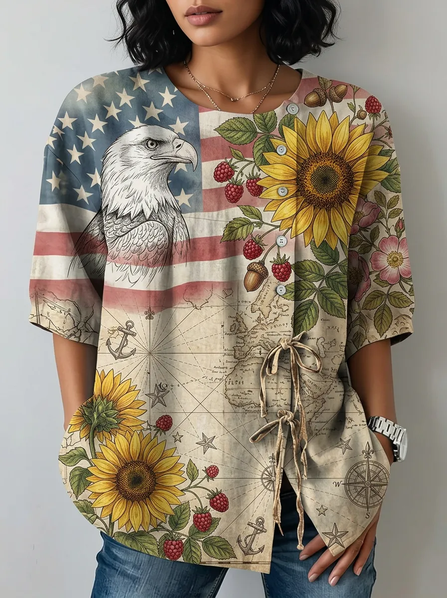 Women's Nashville Patriotic Eagle Sunflower Map Printed Top