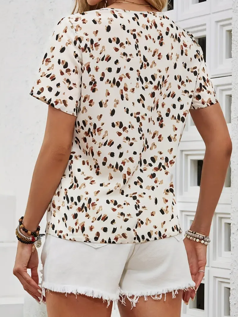 Allover Print Notched Neck Blouse, Elegant Short Sleeve Top For Spring & Summer, Women's Clothing