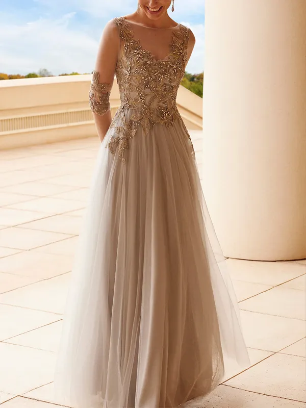 Round Neck Mesh Sequin Maxi Dress