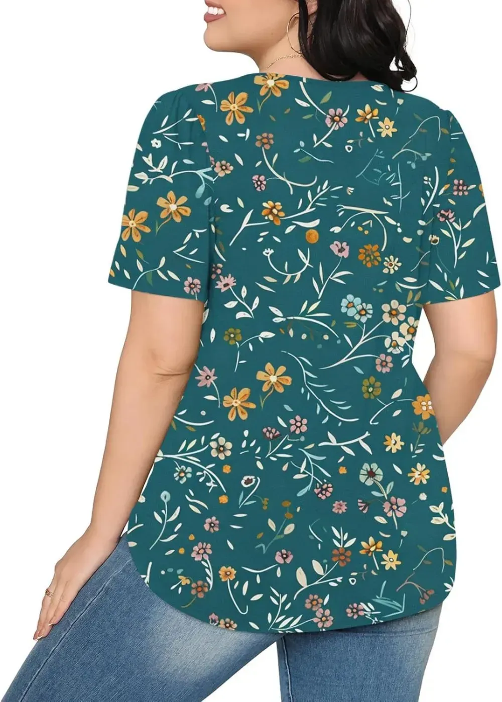 Womens Summer Pleated Front Shirts Tunics Casual Short Sleeved Loose Round Neck Boho Printed Tops Vacation Blouse