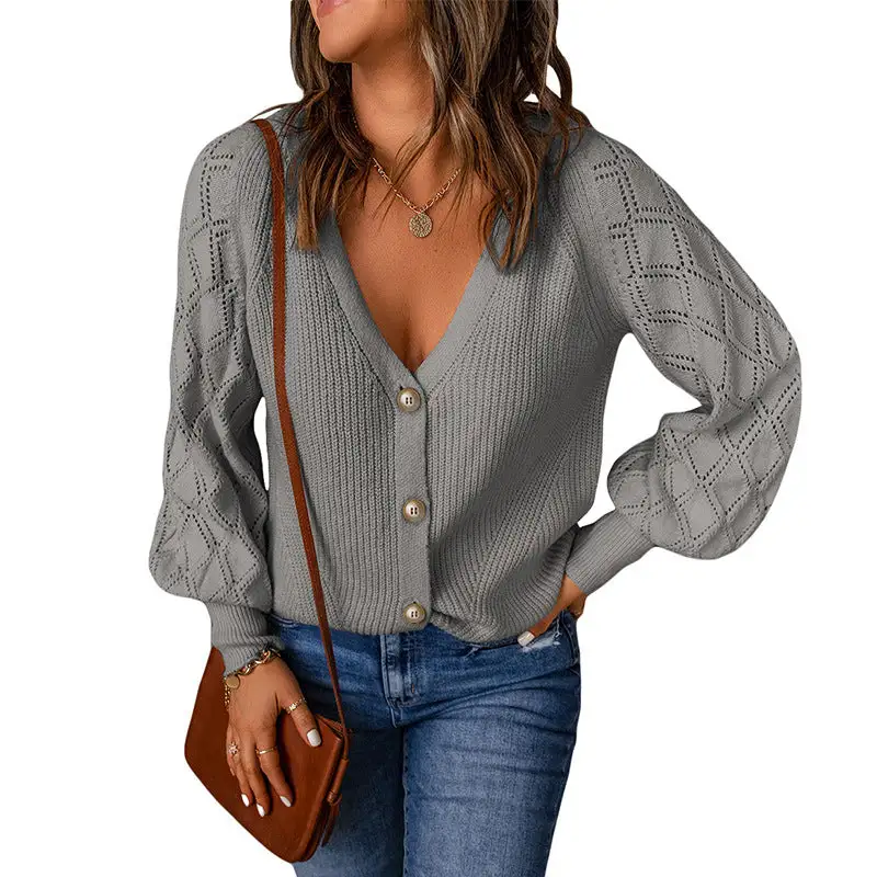 diamond puff sleeve knitted sweater coat