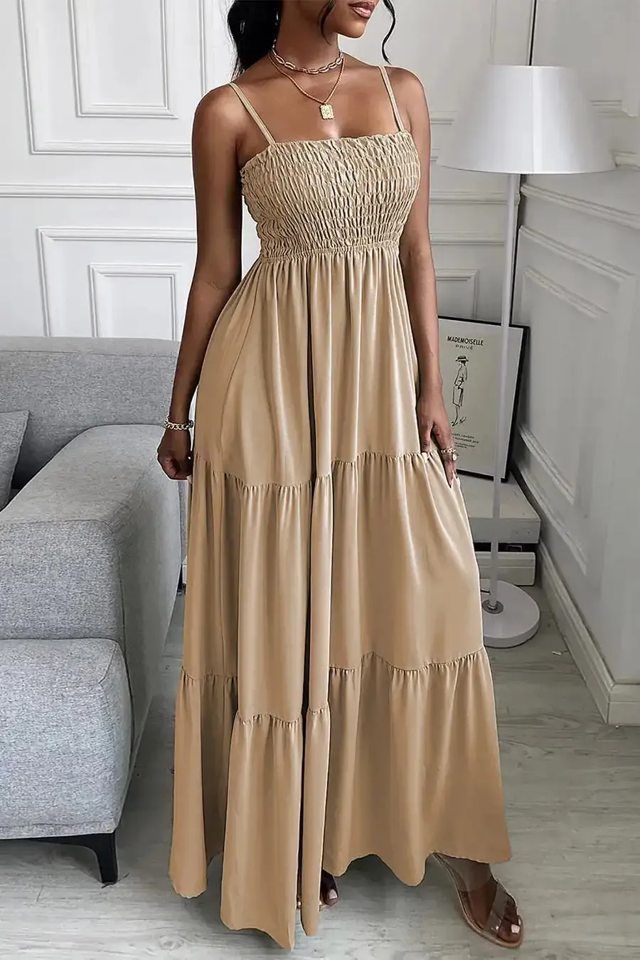 Sleeveless Spaghetti Strap Smocked Tiered Maxi Dress