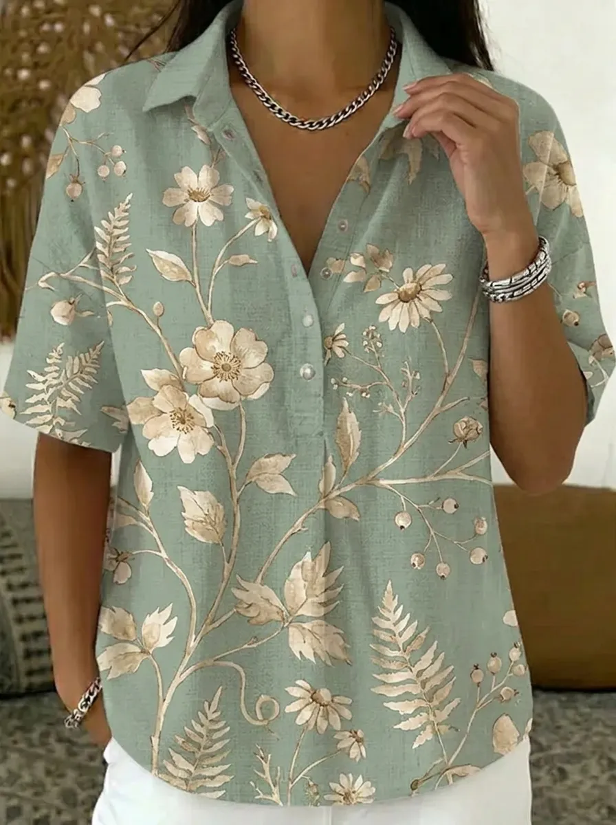 Women's Nashville Floral Botanical Printed V-Neck Shirt