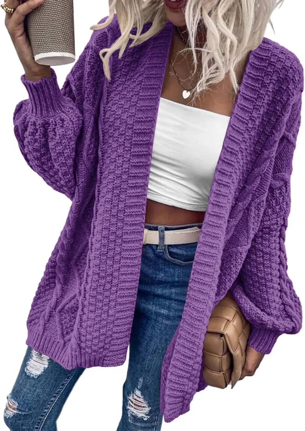 Dyexces Womens Oversized Cardigan Sweaters Open Front Cable Knit Lantern Long Sleeve Chunky Outwear Coats