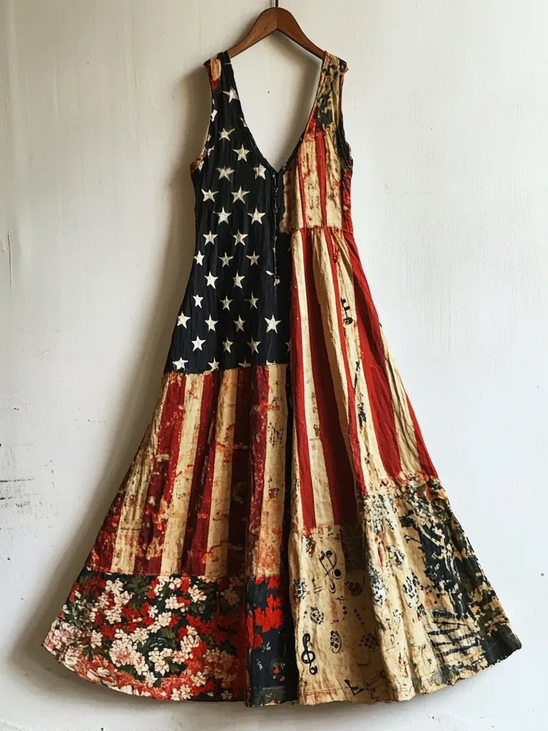 Women's Independence Day Flag And Floral Musical Notes Pattern Sleeveless Dress