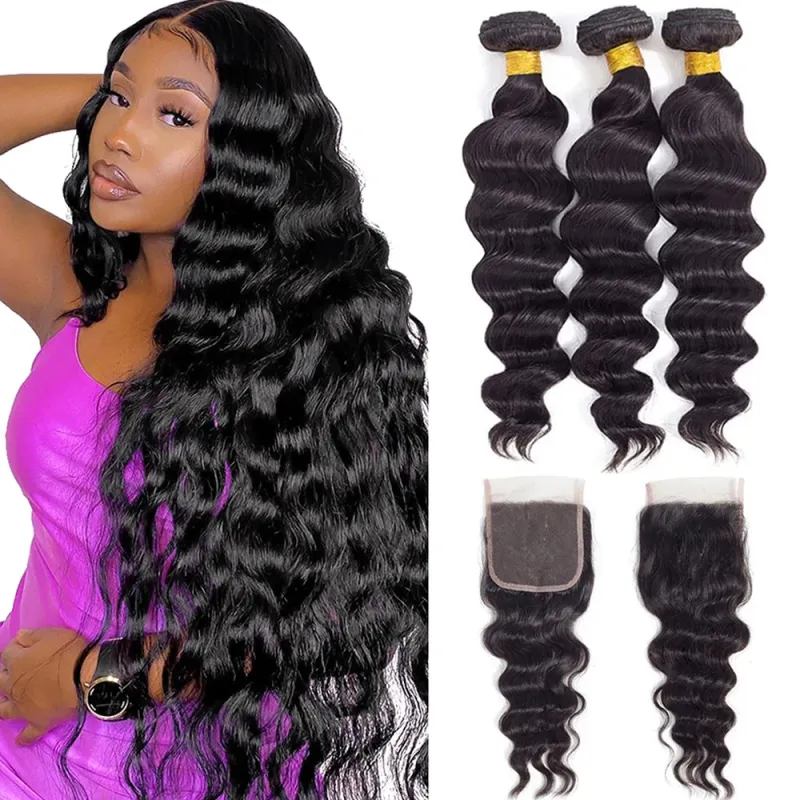 Sterly Loose Deep Human Hair Bundles With 5x5 Lace Closure