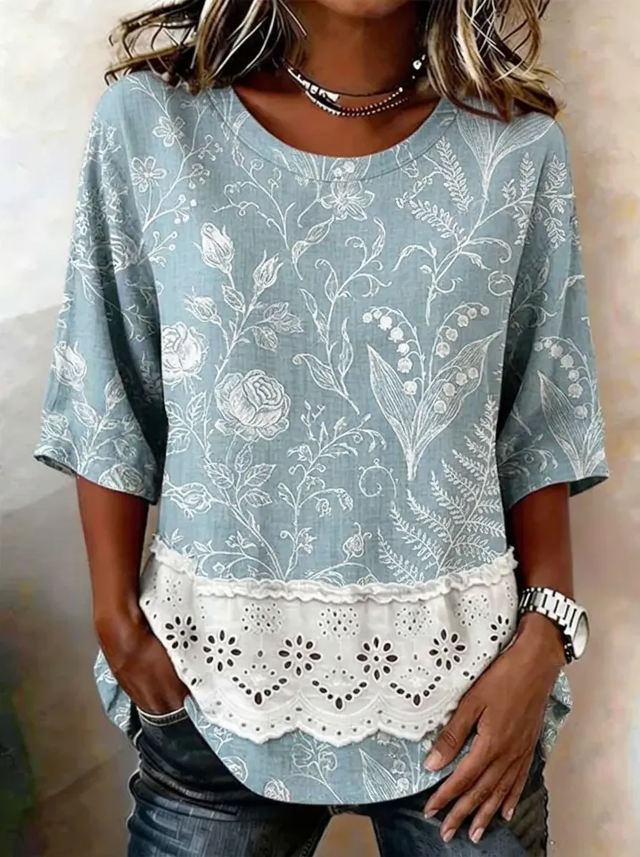 Women's Nashville Floral Lace Trim Printed Top
