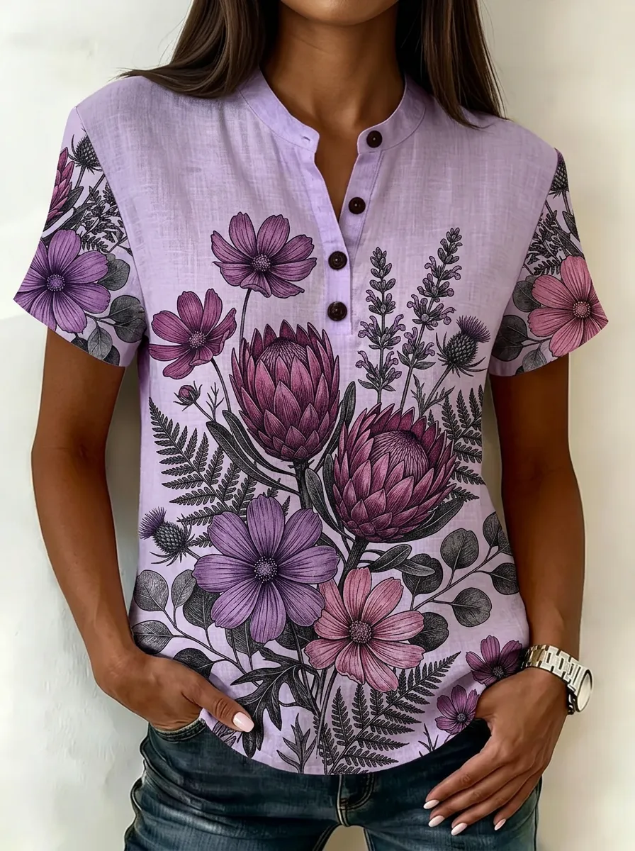 Women's Nashville Floral Botanical Printed Henley Top