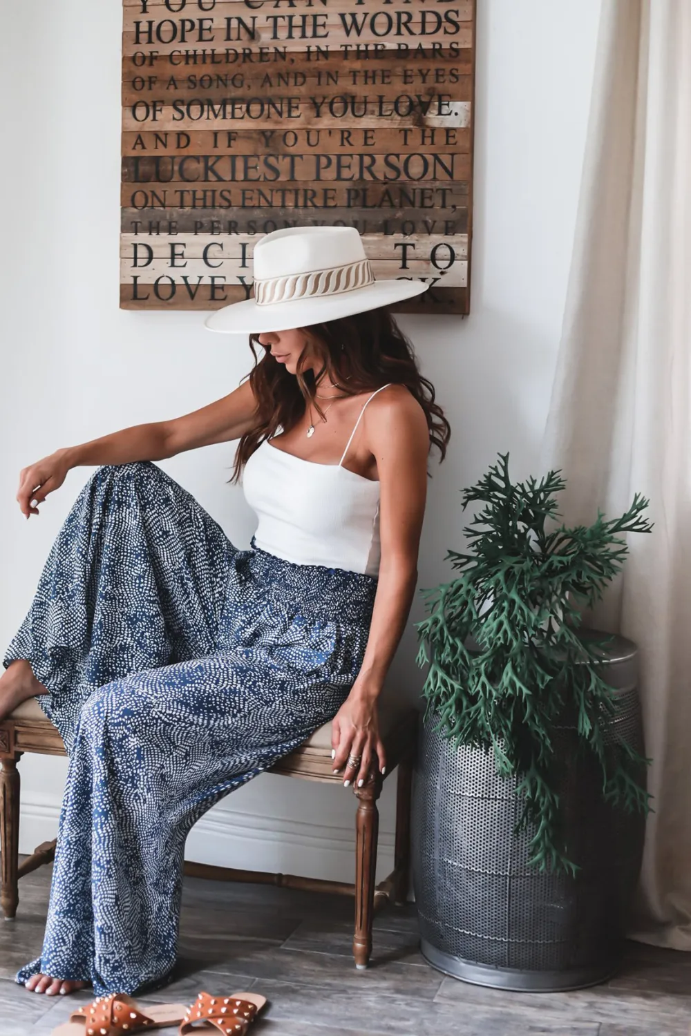 Blue Floral Loose Drape Straight Leg Pants