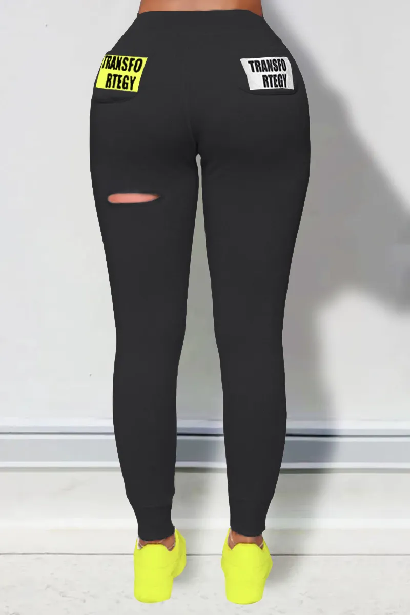 Letter Print Ripped Drawstring Waist Pants